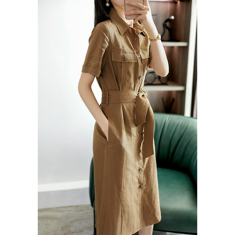 Shirt Dress Women's Summer French Elegant High-end Light Luxury Commuting Slimming Linen Workwear Dress