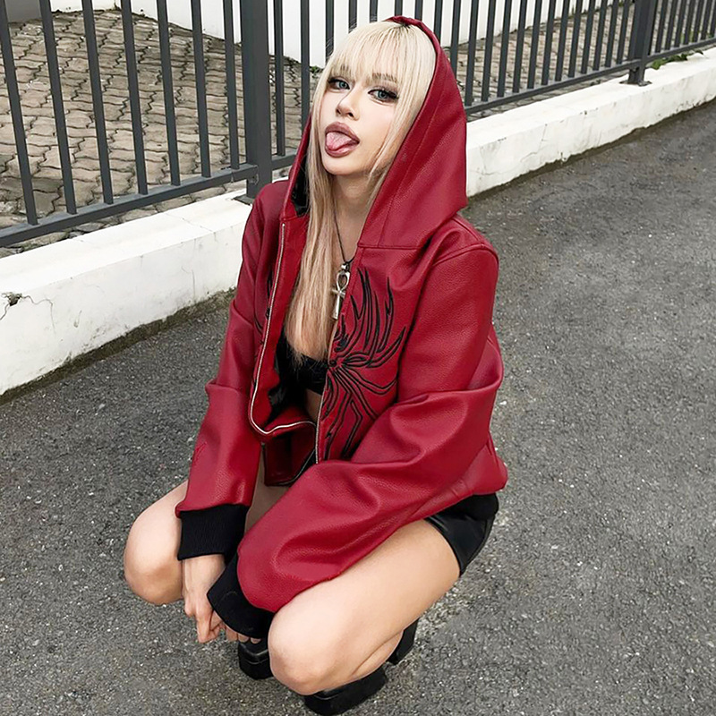 欧美外贸2025秋季新款女装美式复古辣妹连帽开衫皮革长袖拉链外套|undefined