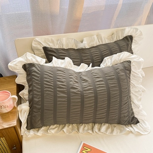 ♪ Korean Style Seersucker Pillowcase Girls Dormitory Bedding Complete Set Lace Pillowcase 48*74cm Pair of Pillows