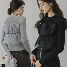 跨境日系乐天ins亚马逊外贸日韩修身纱网拼接假两件针织衫上衣