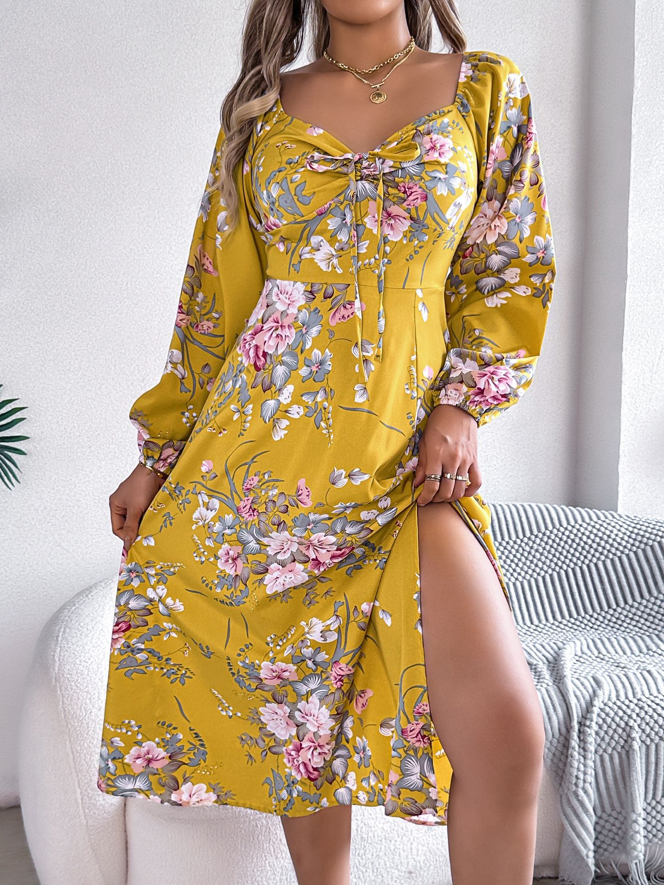 Spring Summer Sexy Lace up Knot Floral Long Sleeve Split Dress Women Clothing 9 Spring Summer Sexy Lace up Knot Floral Long Sleeve Split Dress Women Clothing