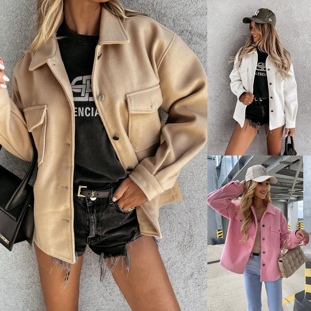 2021亚马逊wish速卖通 欧美外贸新款 时尚纯色单排扣毛呢外套女