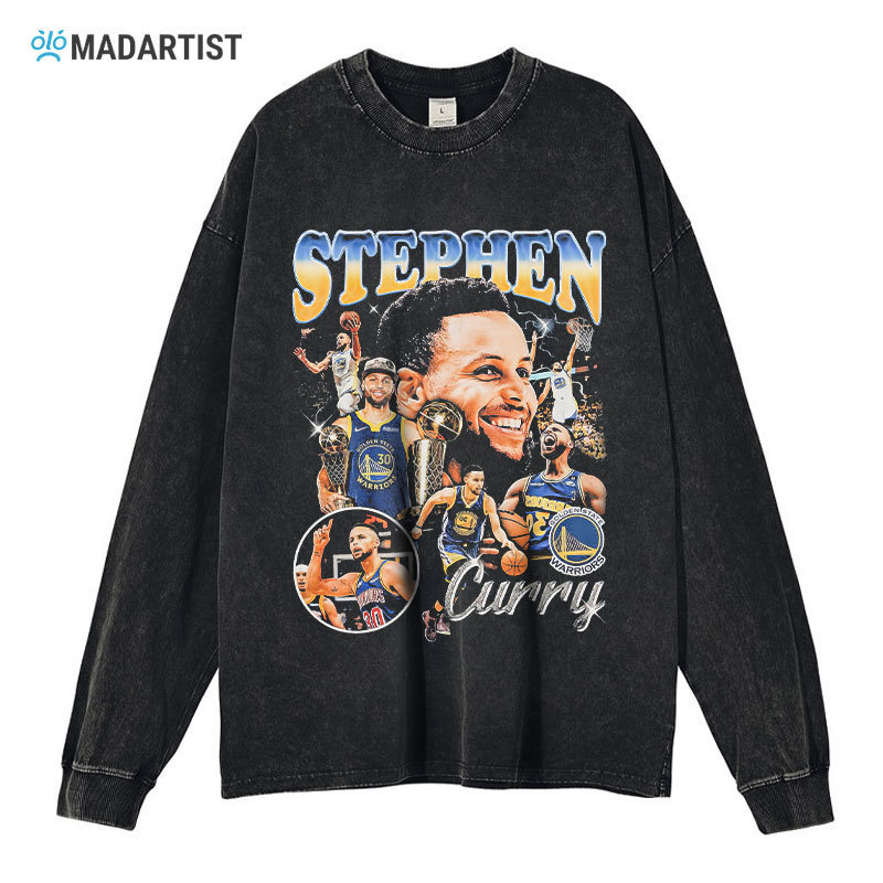Stephen Curry Printed Long-sleeved T-shirt Basketball Star Washed Old Sweatshirt American Style Retro Loose Sweatshirt