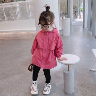 Spring and Autumn Girls' Clothing Outwears, Windbreakers, Baby Fashionable Kidsren's Trendy Korean Style Hooded Mid-Length Outwears