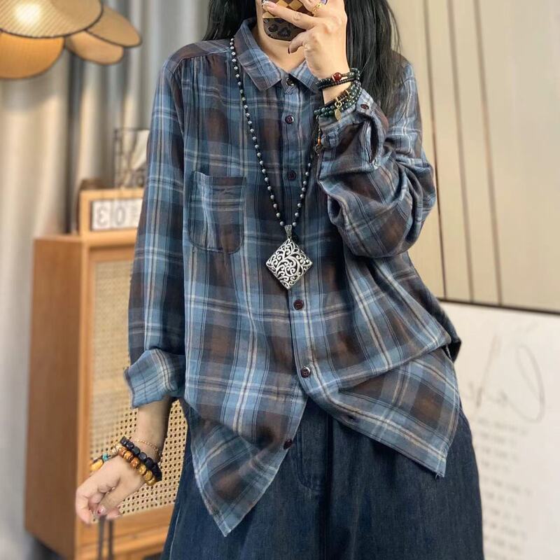 春秋新款翻领双层棉纱格子长袖衬衫女文艺休闲格子衬衣色织棉开衫|undefined