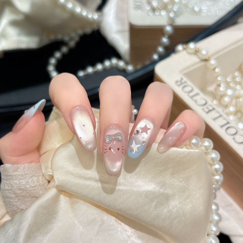 Ambiente dulce, polvo helado, uñas de ojo de gato, nuevas pegatinas de uñas de alta calidad, uñas postizas, uñas de uñas hechas a mano, uñas