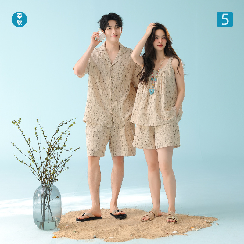 [Baby Cotton] Women's Double-Layer Gauze A-Class All-Cotton Couple's Cardigan Men's Short-Sleeve Pajamas Loungewear