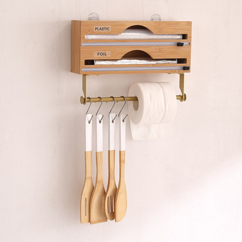 Envoltura de plástico de bambú caja de almacenamiento caja de corte de papel de aluminio caja de cortador de papel de cocina cajón de escritorio caja de almacenamiento de pared