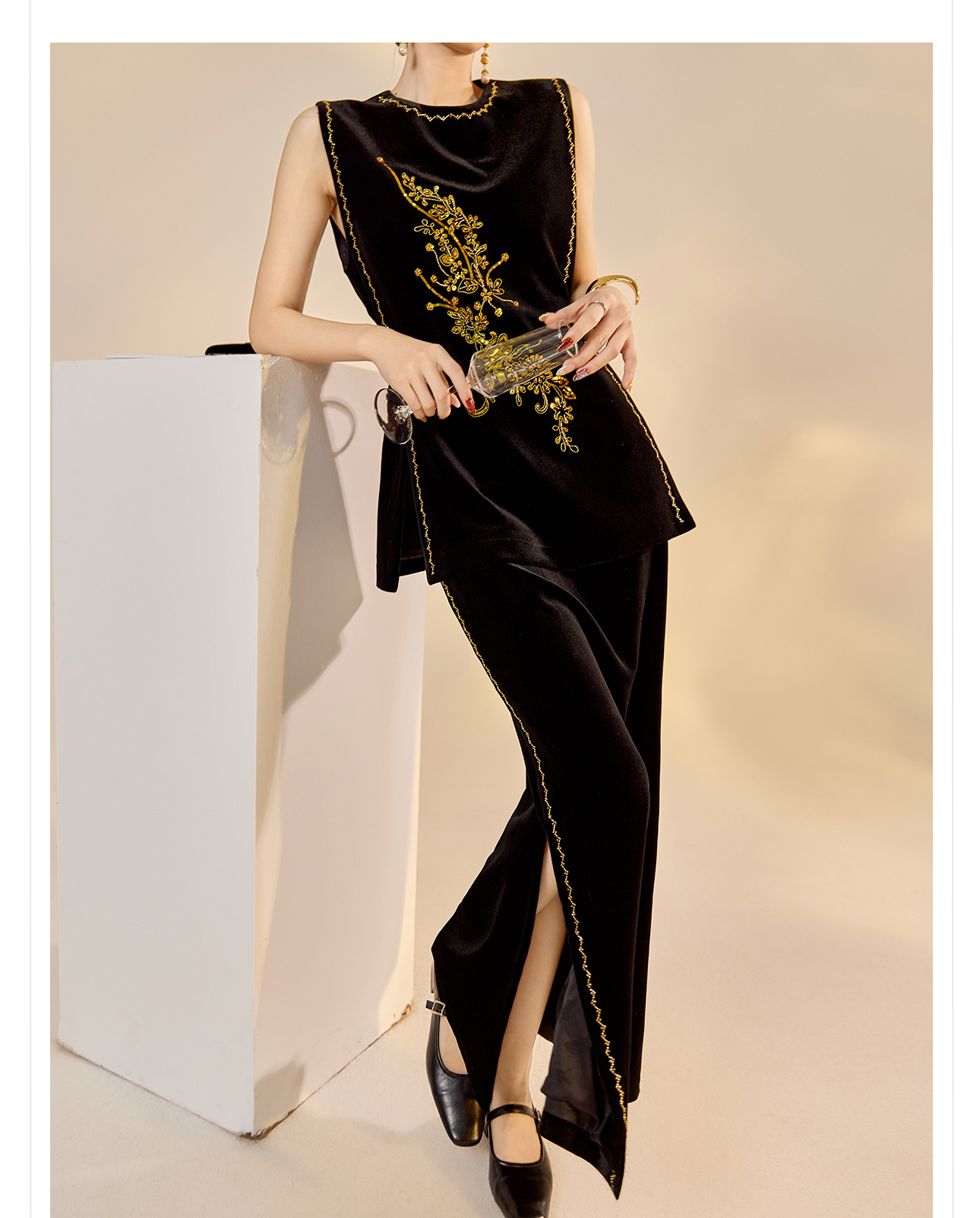 Áo vest nhung đính cườm retro không tay kết hợp chân váy đồng bộ NX005 — váy, áo vest chi tiết 13