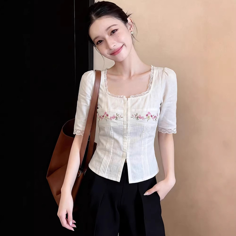 French-Style Unique Lace Patchwork Embroidered White Shirt for Women, 2026 Spring/Summer, Super Stylish and Gentle Mid-Sleeve Top