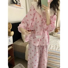 春と秋の女性用レトロフレンチパジャマ、長袖スーツ、甘くてかわいいレースのクロスボーダーホーム服、インターネットセレブは屋外で着用可能