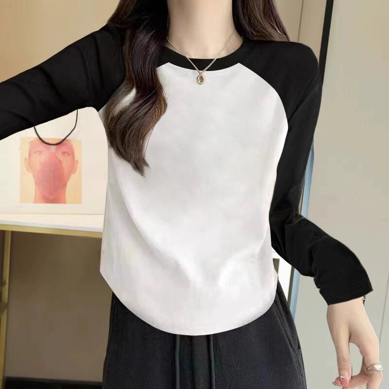 Autumn Raglan Long-Sleeve Color-Block Versatile Round-Neck T-Shirt for Women, Inner Layer Base Shirt with Patchwork Slim-Fit Top
