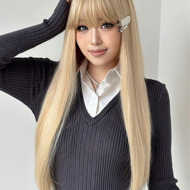 Golden Wig for Women with Long Hair, Medium-Length Natural Long Straight Hair, White Golden Wig Set for Women, Full Headgear with Bangs
