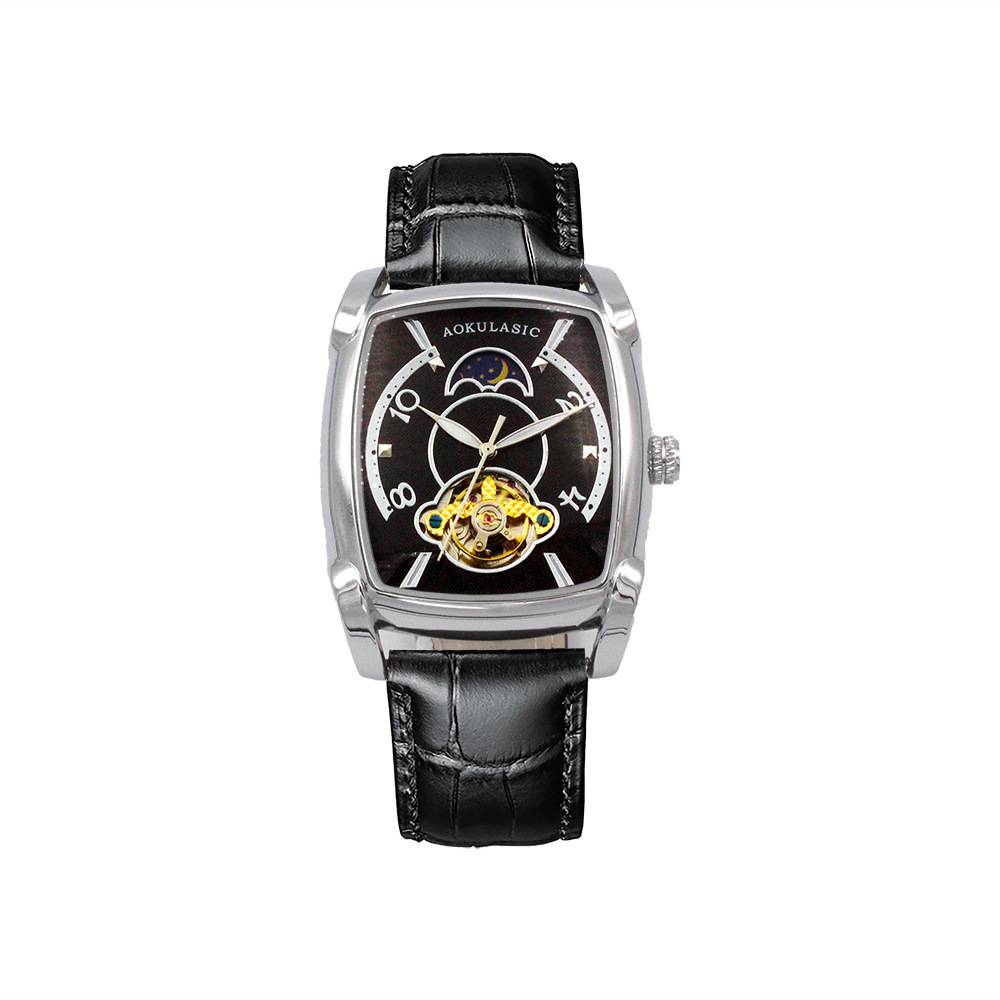 Ogulas reloj cuadrado de los hombres gran dial hueco transparente reloj mecánico automático de gama alta de cuero casual reloj de los hombres