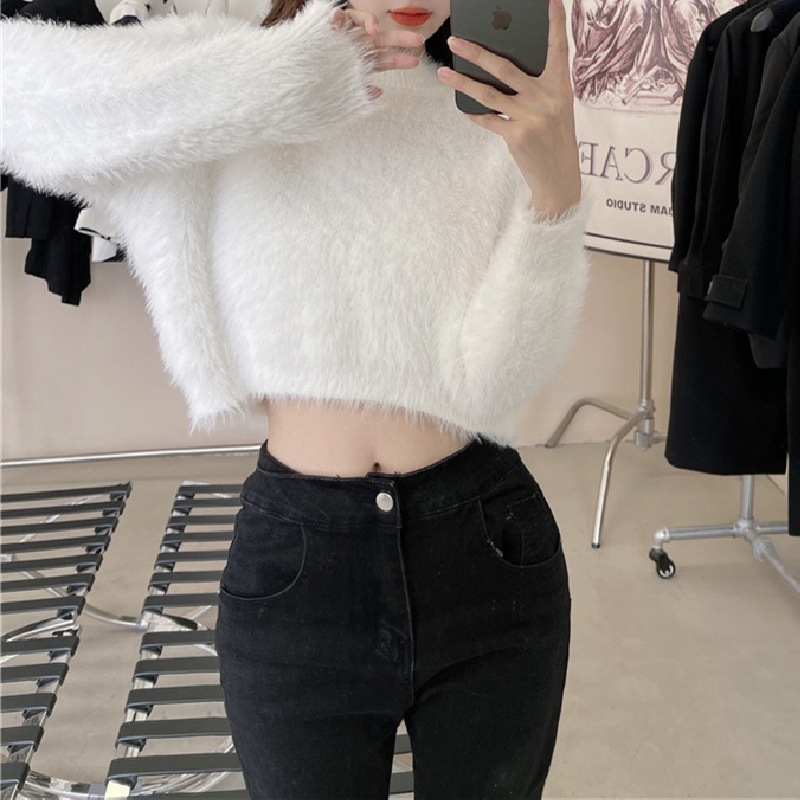 Cross-Border European and American Style Imitation Mink Velvet Round Neck Pullover Soft Waxy Knitwear for Women Autumn and Winter Pure Color Outer Short Knitwear