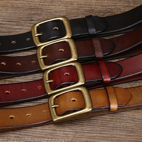 3.3CM wide retro washed first-layer pure cowhide belt for men, genuine leather, Korean version, trendy copper buckle, women's casual belt