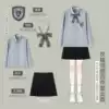 Long-sleeve, mini-skirt, bow tie, badge, JK style (Japanese school style)
