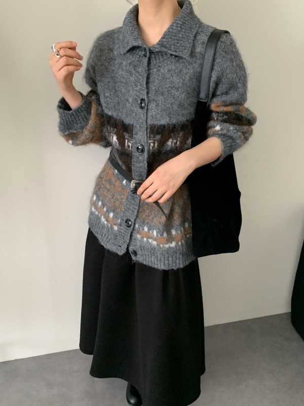 秋冬新款提花针织休闲开衫女宽松高领毛衣外套复古撞色长袖上衣|undefined