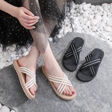 仿草编拖鞋2022夏季新款女外穿时尚舒适潮麻绳交叉一字平底沙滩拖