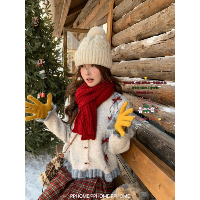 Korean-style diamond-patterned New Year atmosphere Christmas-themed elaborate bow Fair Isle cardigan lace knit sweater for women Korean-style diamond-patterned New Year atmosphere Christmas-themed elaborate bow Fair Isle cardigan lace knit sweater for women