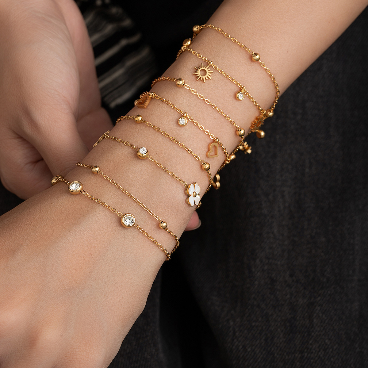 European and American Light Luxury High-End Stainless Steel Diamond-Encrusted Bracelet Moon Sun Heart Geometric Non-Fading Jewelry for Women