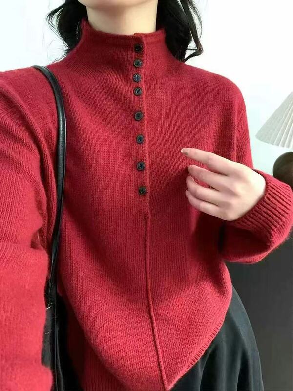 秋冬新款半开扣高领毛衣女加厚长袖针织衫上衣时尚百搭针织衫打底|undefined