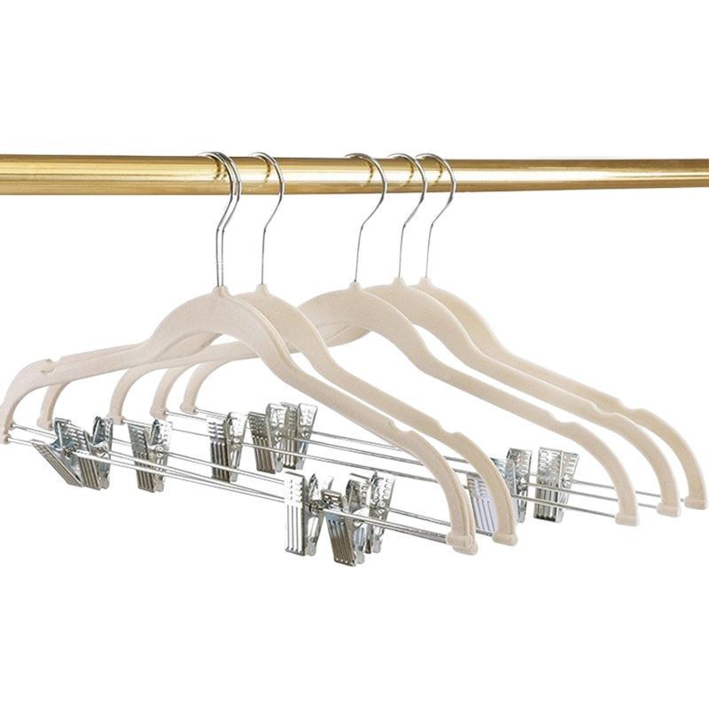 Juego de perchas de terciopelo para uso doméstico, perchas antideslizantes integradas para pantalones, perchas ajustables con clips para pantalones para almacenamiento.