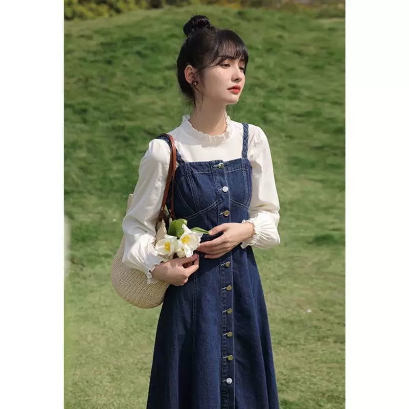 Джинсовое платье-костюм в одном экземпляре, женский костюм из двух предметов, новинка весны и лета 2025 года, французская ретро-нишевая юбка на подтяжках