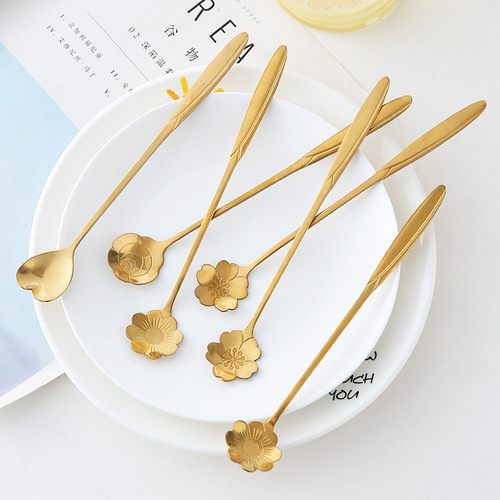 Stainless steel long-handled mixing spoon small spoon seasoning coffee spoon extended creative ice spoon dessert honey petal spoon