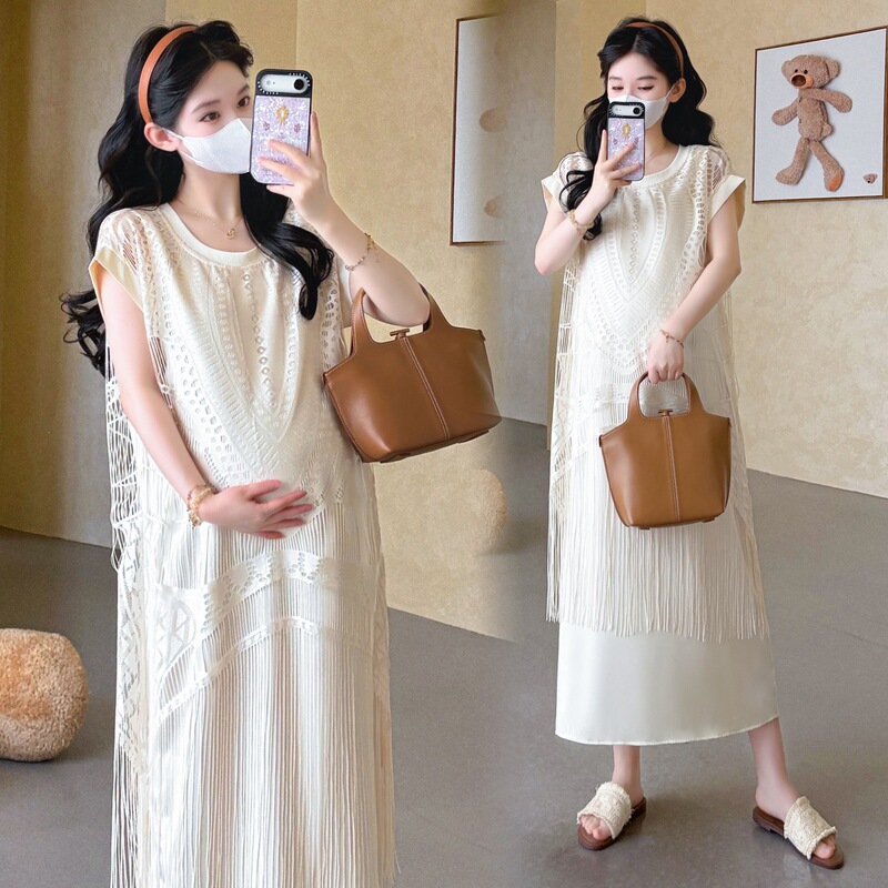 Stylish Faux Two-Piece Tassel Maternity Dress, Summer Trendy Loose-Fitting Slimming T-Shirt Dress, Popular Hot Item Stylish Faux Two-Piece Tassel Maternity Dress, Summer Trendy Loose-Fitting Slimming T-Shirt Dress, Popular Hot Item