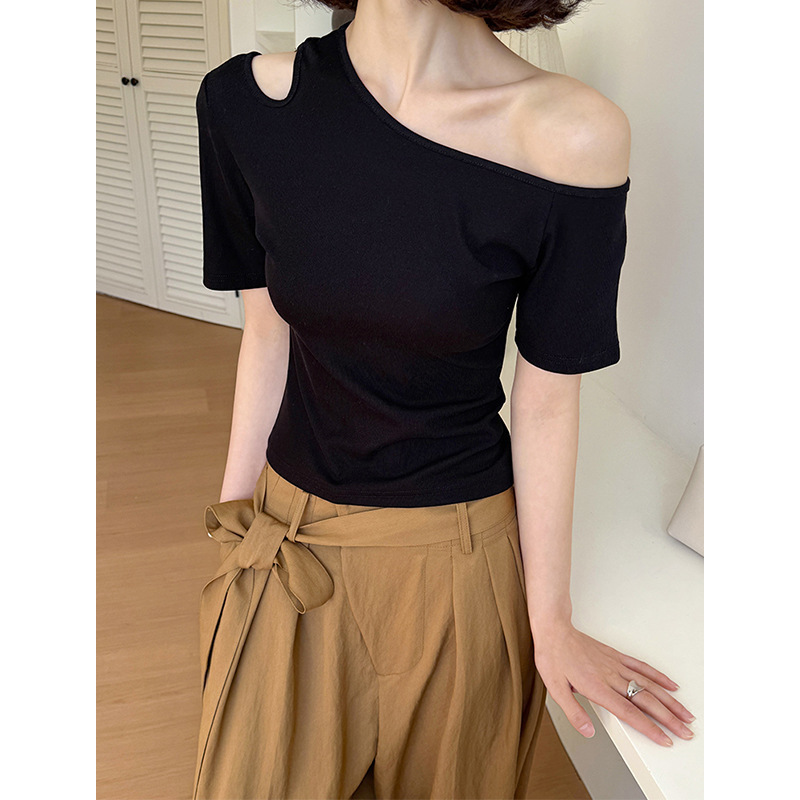 Orange Zhi Welfare Model Non-Returnable Non-Exchangeable Off-Shoulder Top T-Shirt One-Shoulder Asymmetrical Slim-Fit Short-Sleeve 8010-2