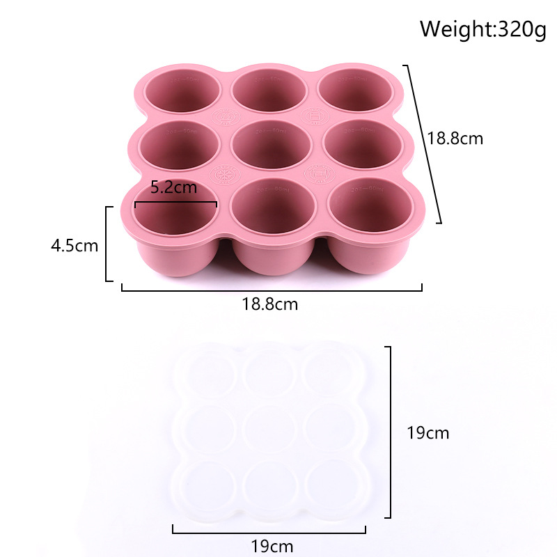Bandeja de hielo de silicona de 9 orificios Caja de almacenamiento de conservación de alimentos para bebés y niños de silicona con tapa Molde de cubitos de hielo