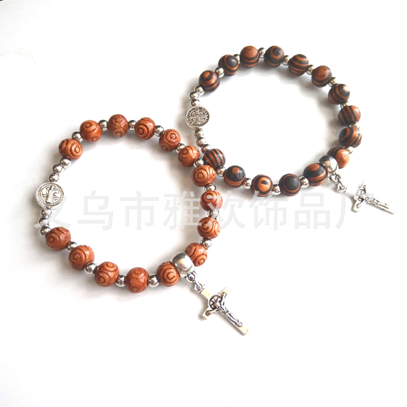 Cross-in European and American Sticky Beads Retro Saint Beaded Cross Bracelet Pine Evil Eye Bead Cross Bracelet