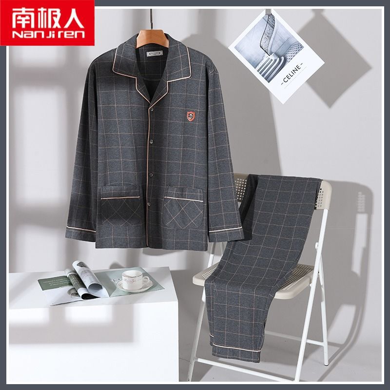 Pijamas de hombre primavera y otoño 100% algodón manga larga más tamaño fino Otoño e Invierno traje de desgaste para el hogar