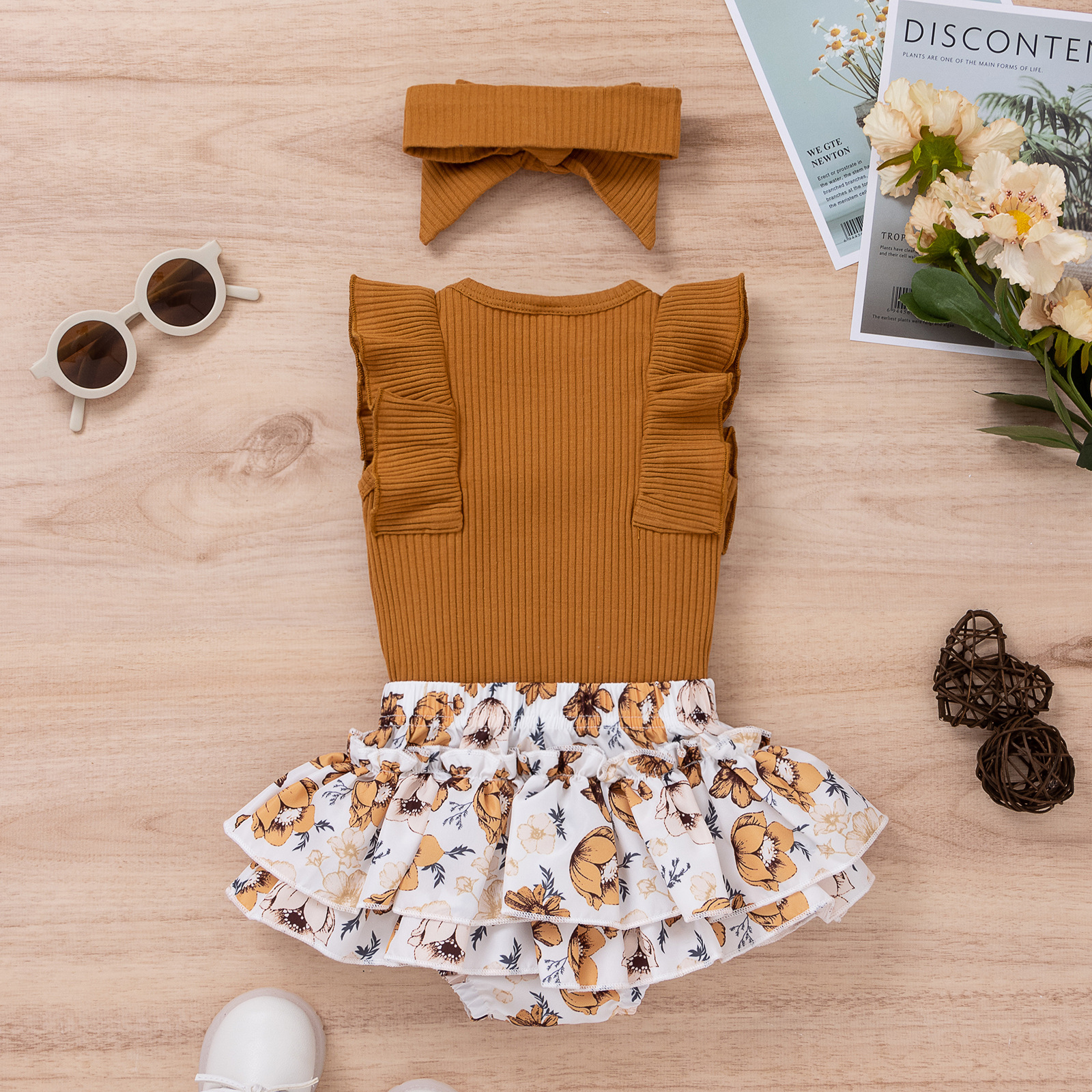 3 Piece Set Quantity Street Occasion Round Neck Neckline Regular Fit Fit Type Fashion Solid Color Flower Cotton Girls Clothing Sets