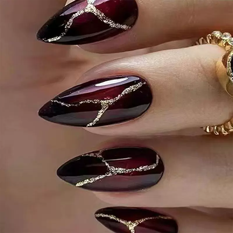 秋冬暗红色穿戴甲金粉石纹美甲甲片杏仁甲y2k假指甲press on nail