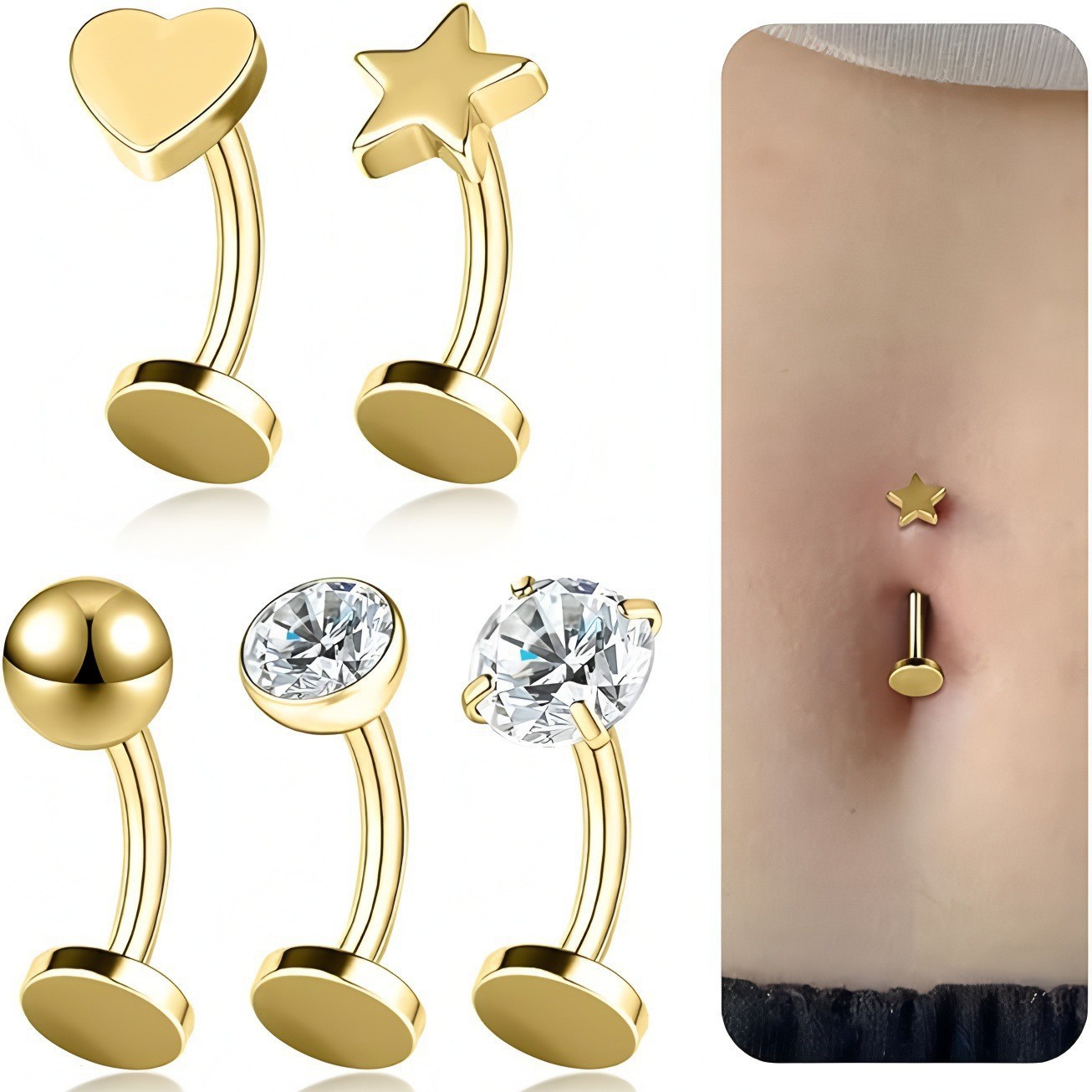 Anel de zircônia cúbica em aço inoxidável com haste curva, moderno, simples e elegante, para mulheres. Joia sexy para piercing no umbigo, fácil de usar._voghion.com