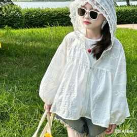 女童防晒衣2026新款儿童蕾丝边刺绣连帽外套宝宝薄款甜美凉感开衫