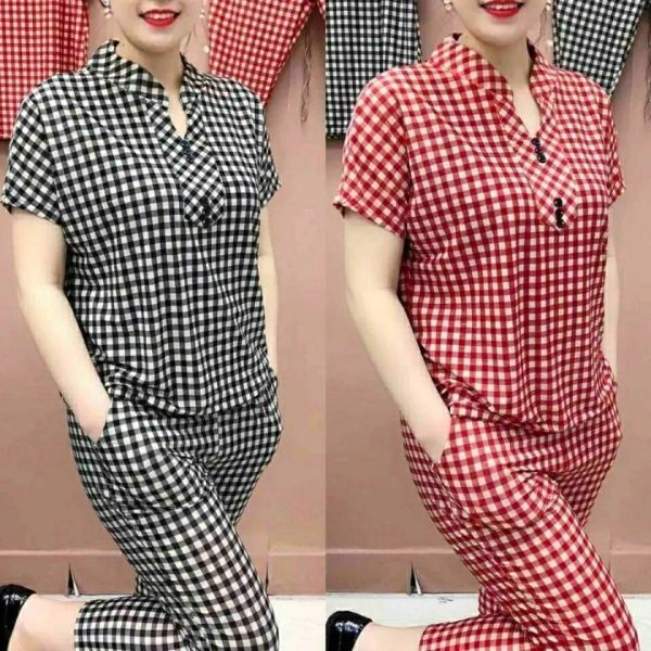 时尚格子套装夏季新款妈妈装短袖V领上衣高腰显瘦哈伦裤俩件套女