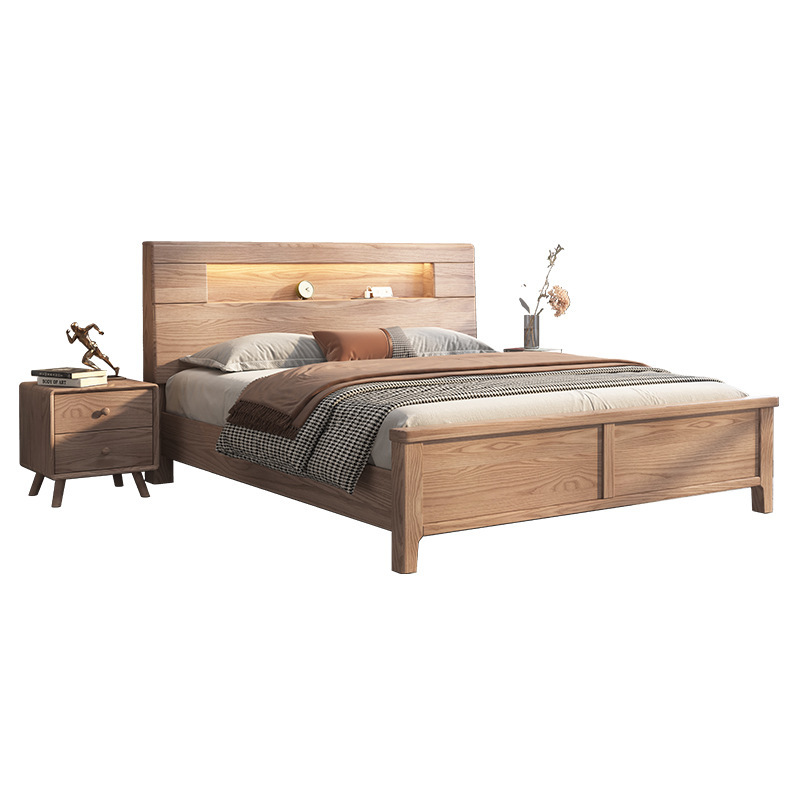 Cama de madera de cera blanca cama de madera maciza dormitorio principal 1,8 registro nórdico moderno estilo minimalista cama de madera maciza cama de presión de aire con cajón