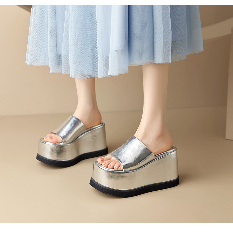 Dép sandal quai ngang da thật đế xuồng cao 8 cm phong cách Âu Mỹ — Màu bạc 10cm, Màu bạc 8cm, Màu vàng kim 10cm, Màu đen 10cm chi tiết 12