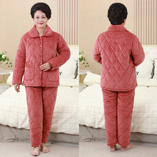 中老年冬季奶奶睡衣套装加厚保暖睡衣妈妈夹棉纯色加大码三层夹棉