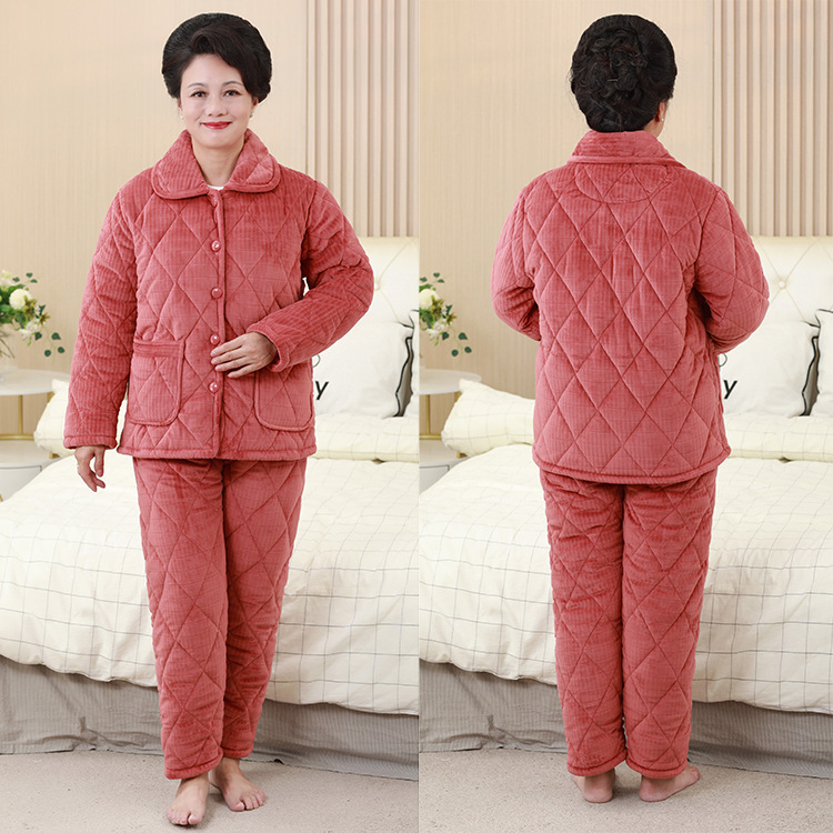 中老年冬季奶奶睡衣套装加厚保暖睡衣妈妈夹棉纯色加大码三层夹棉