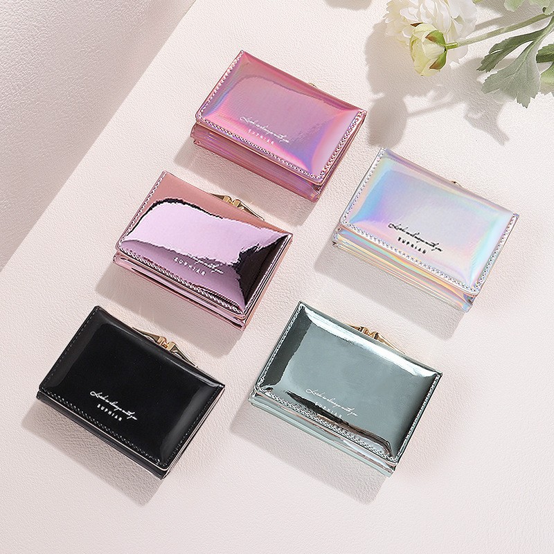 Monedero ruso con cierre de clip láser, tarjetero multifuncional de PU para mujer, cartera de color liso con cremallera para mujer.