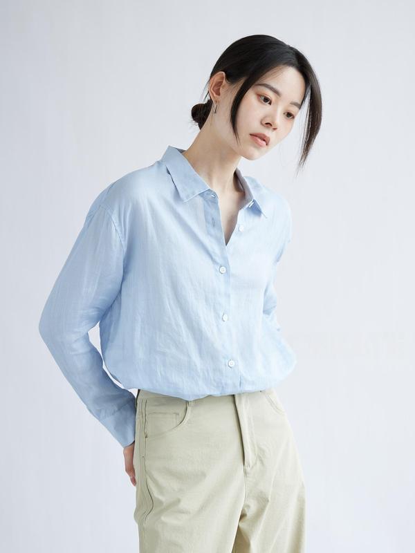 元渠！柜2.2K+ 贵价纯苎麻 纯色百搭翻领长袖衬衫女夏新款G072507|undefined