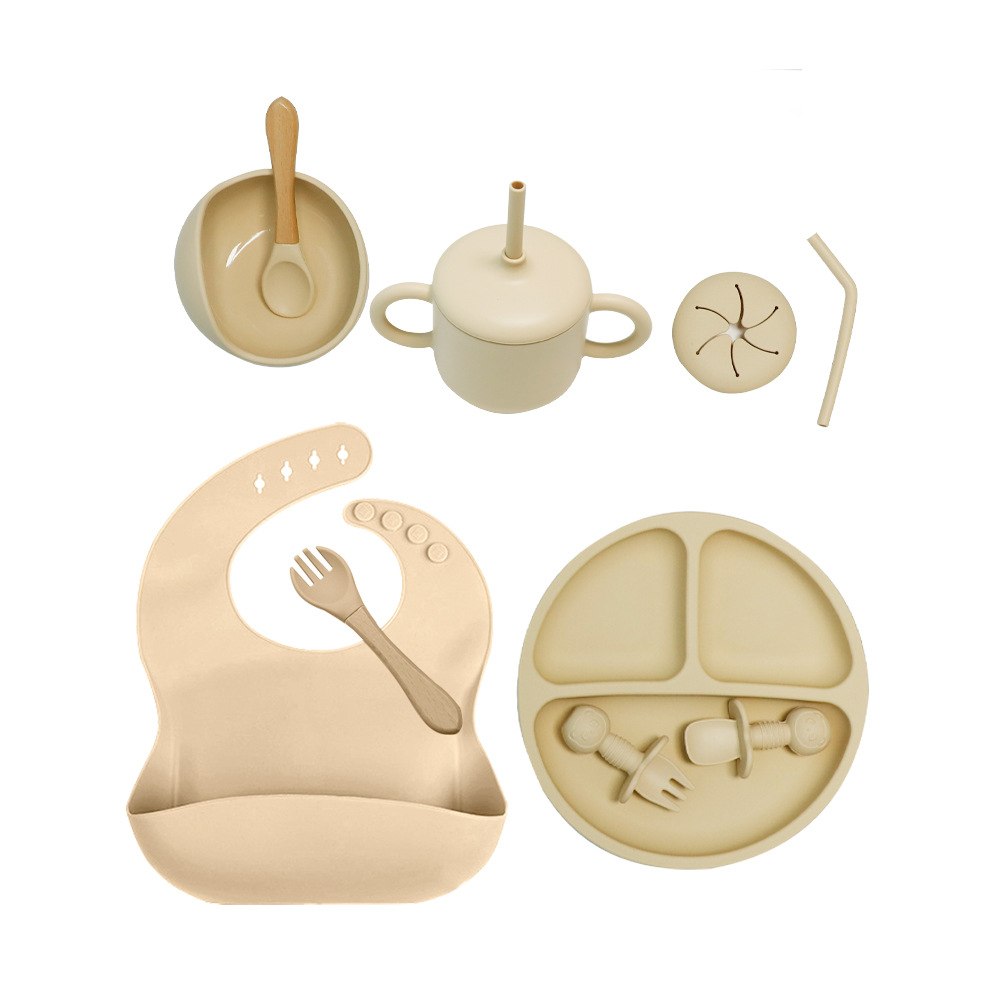 Set de vajilla infantil de silicona, 10 piezas, incluye plato, tazón, cubiertos y babero, ideal para bebés