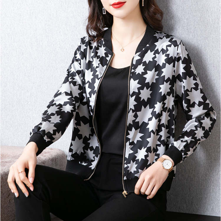シフォン薄型空調日焼け止めジャケット婦人服韓国風長袖ジッパー野球ユニフォームプリントルーズショートジャケット|undefined