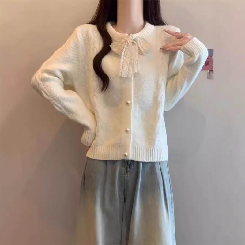 2025春秋新款蝴蝶结法式温柔风甜美气质圆领单排扣毛衣女针织开衫|undefined