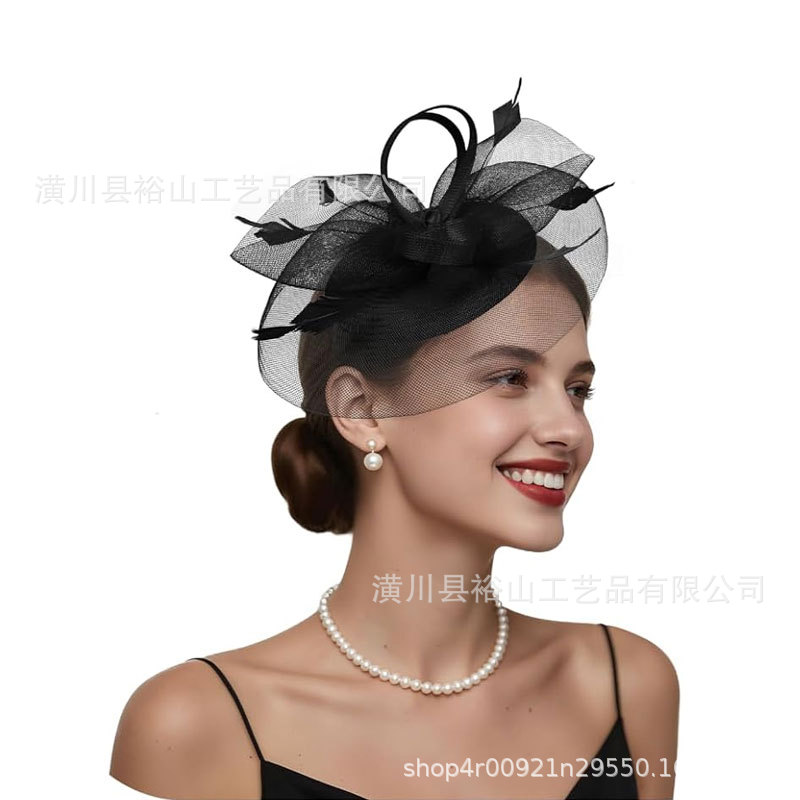 Cross-border European and American fashionable hair accessories, feather hats, mesh headwear, hair clips, headbands, and horse racing festival accessories