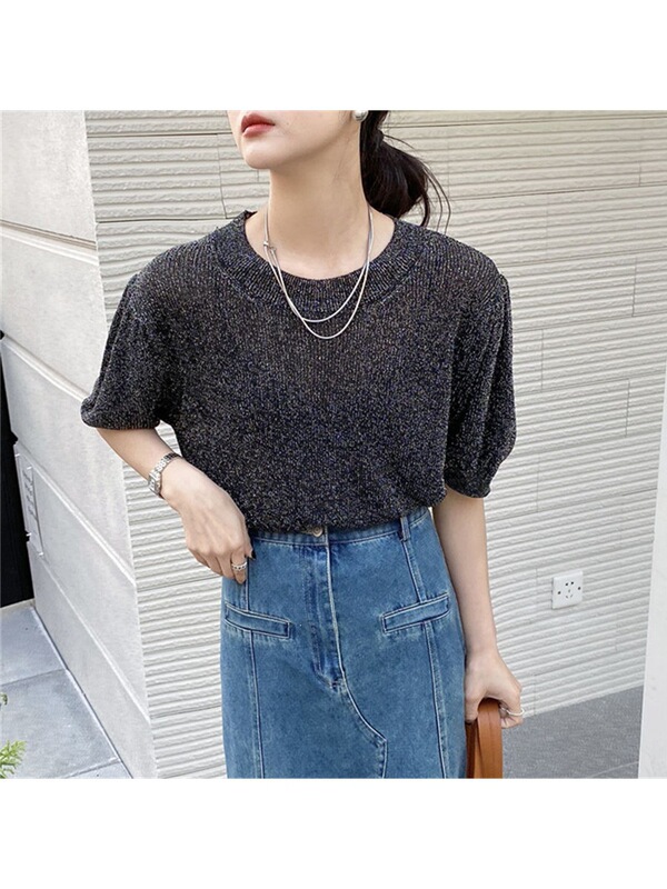 Summer New Style Refreshing Shiny Silk Short-Sleeved Women's Ice Silk Knitted Round Neck Half-Sleeved Casual Top T-Shirt Thin Korean Style